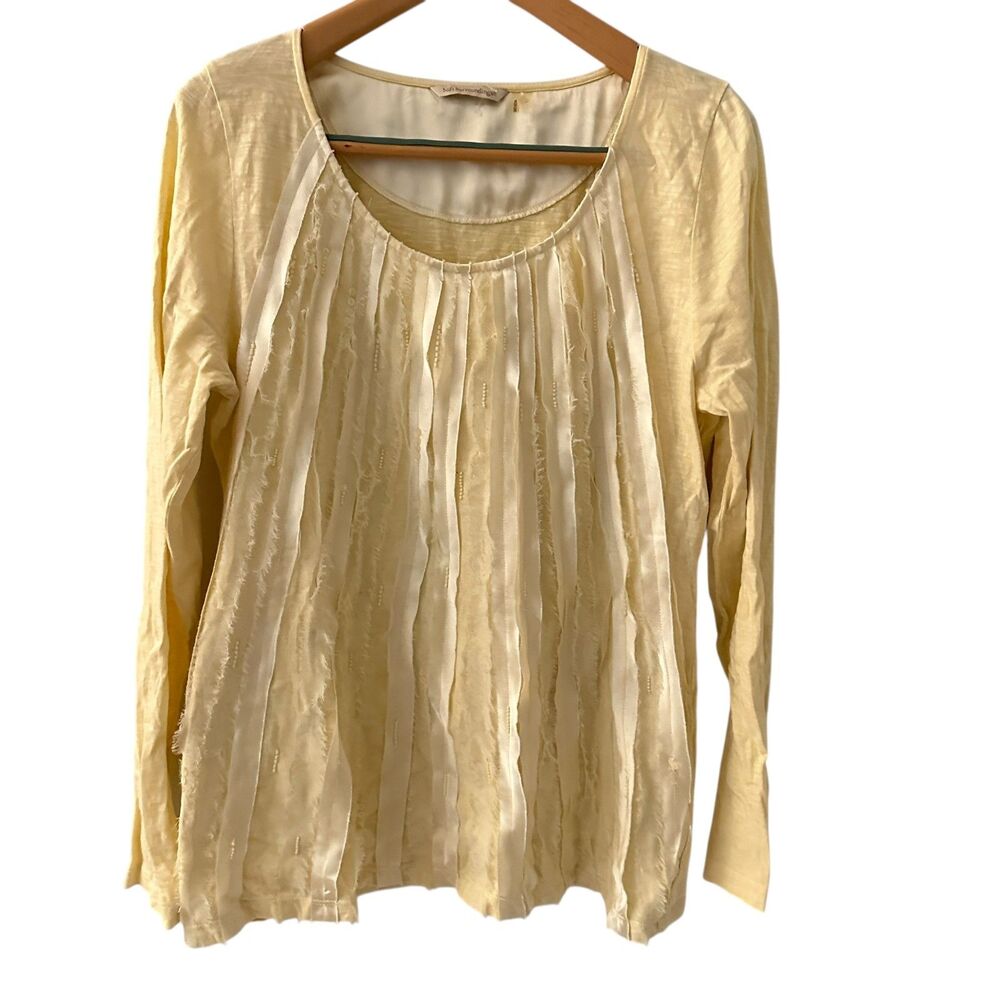 Soft Surroundings Pale Yellow Scoop Neck Long Sleeve Sequins Beads Ribbon Size L